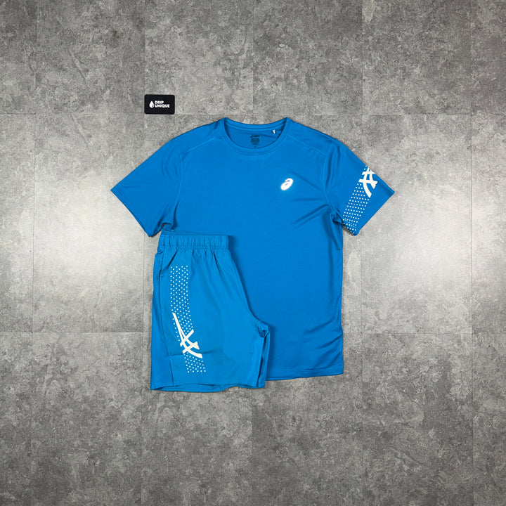 Asics Icon T-Shirt Aegean Blue & Blue Icon Shorts Set, asics set, dripuniqueuk