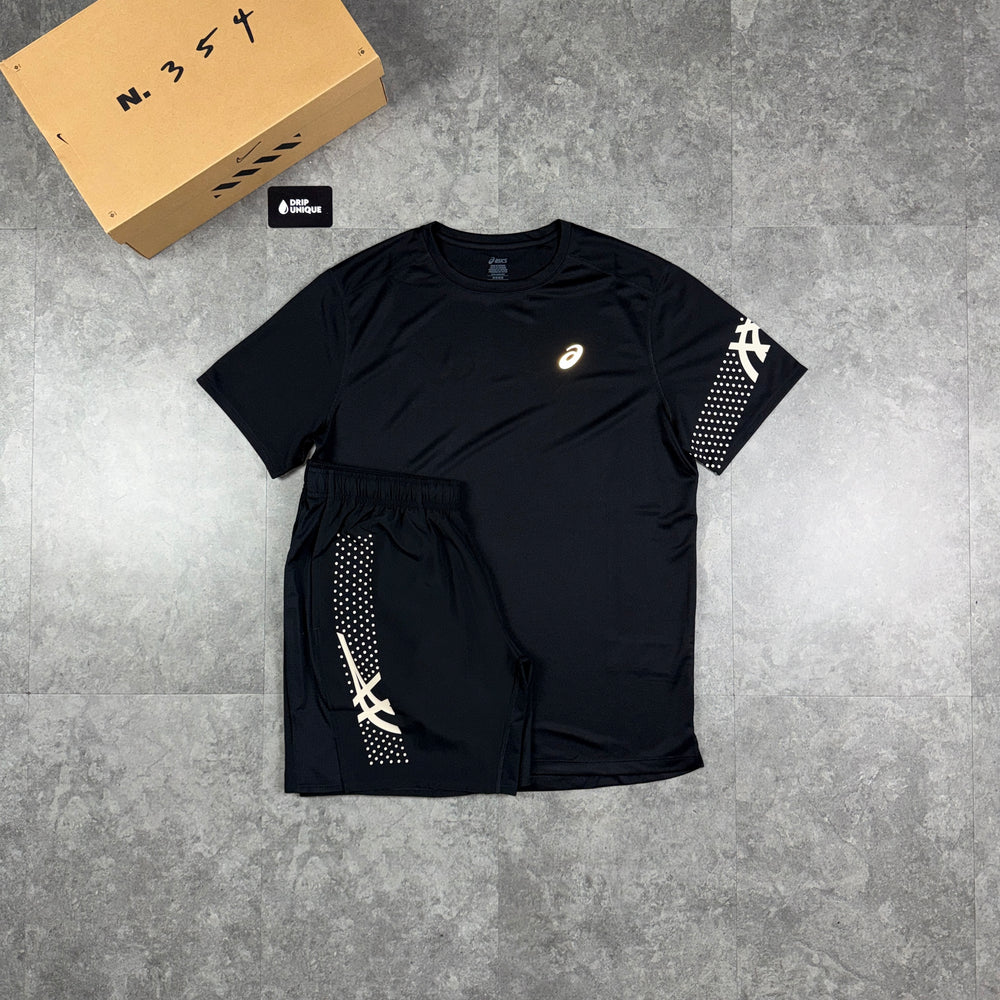 Asics Icon T-Shirt Black & Black Icon Shorts Set, asics t-shirt set, dripuniqueuk