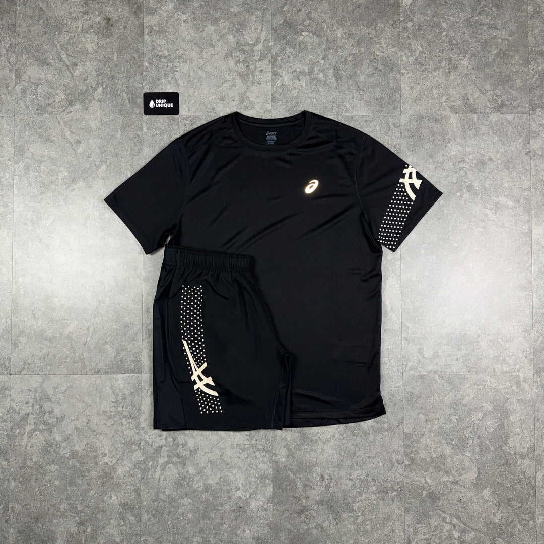 Asics Icon T-Shirt Black & Black Icon Shorts Set, asics sets, dripuniqueuk