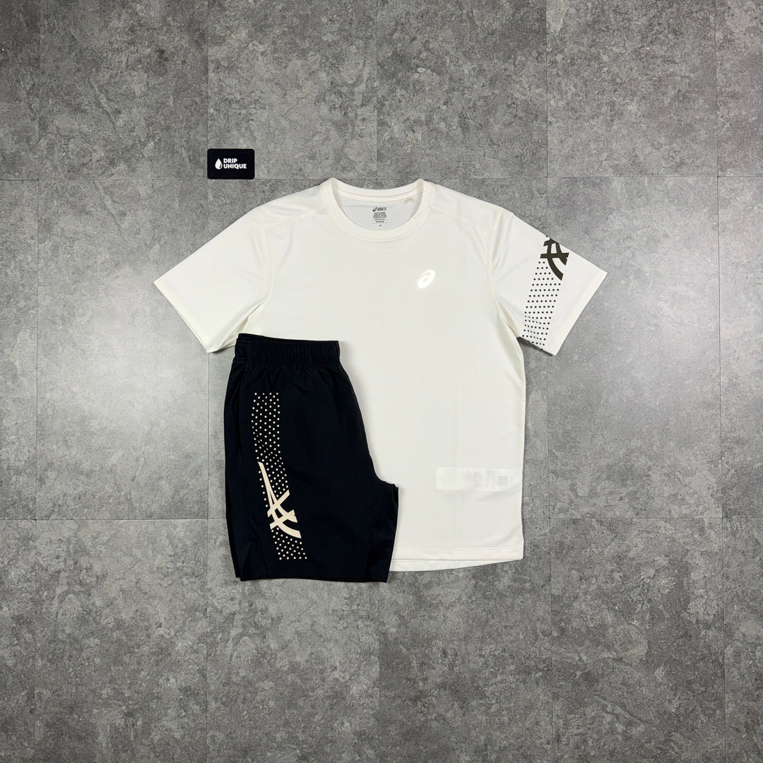 Asics Icon T-Shirt Cream / Brown & Black Icon Shorts Set, asics icon set, dripuniqueuk