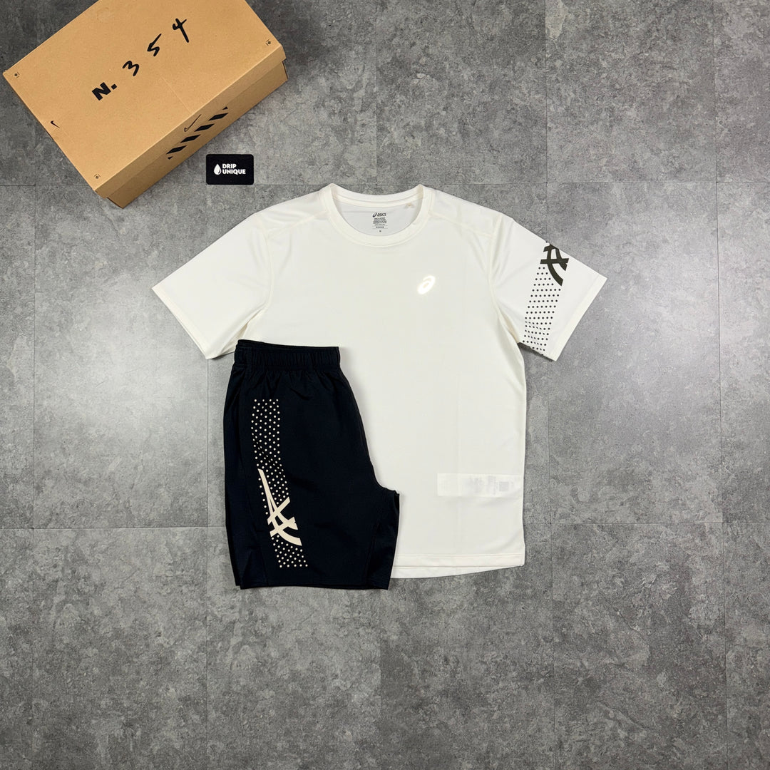 Asics Icon T-Shirt Cream / Brown & Black Icon Shorts Set, asics set, dripuniqueuk