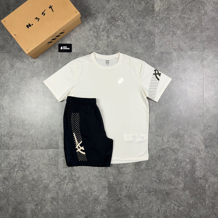 Asics Icon T-Shirt Cream / Brown & Black Icon Shorts Set, asics set, dripuniqueuk