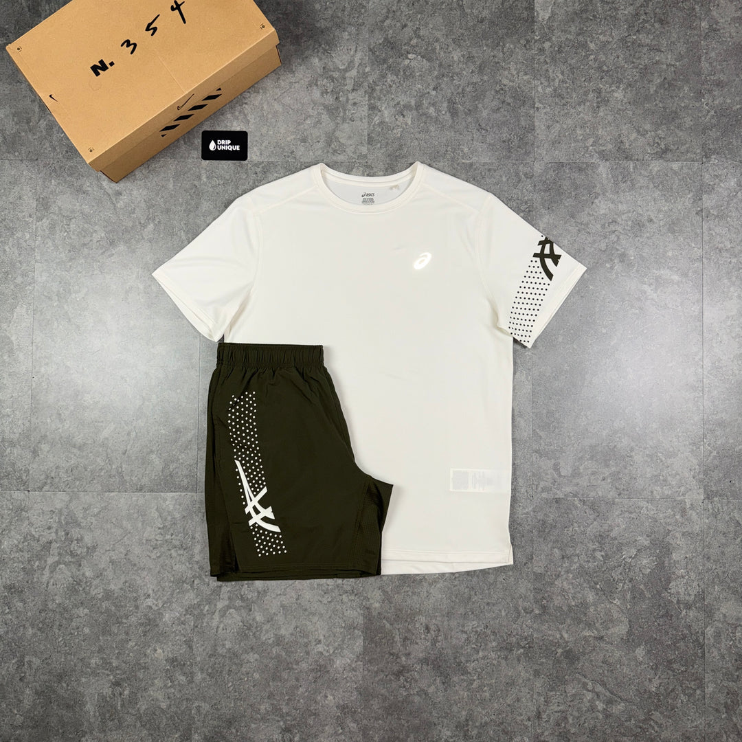 Asics Icon T-Shirt Cream / Brown & Brown Icon Shorts Set, asics set, dripuniqueuk