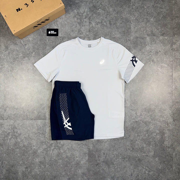 Asics Icon T-Shirt Cream / Brown & Navy Icon Shorts Set, asics icon set, dripuniqueuk