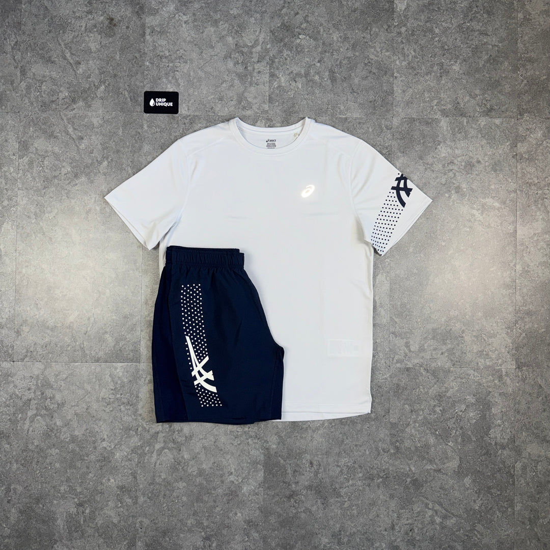 Asics Icon T-Shirt Cream / Brown & Navy Icon Shorts Set, asics set, dripuniqueuk