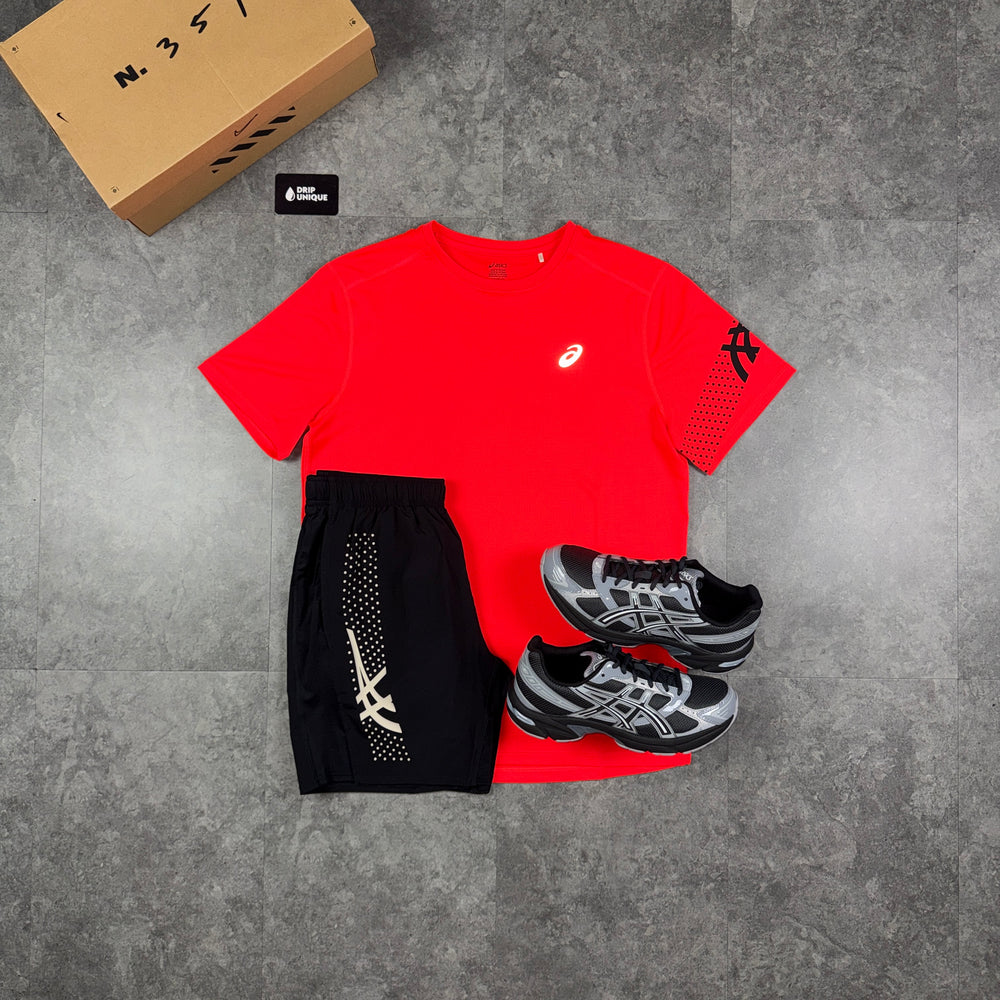 Asics Icon T-Shirt Crimson Red & Black Icon Shorts Set, asics icon set, dripuniqueuk