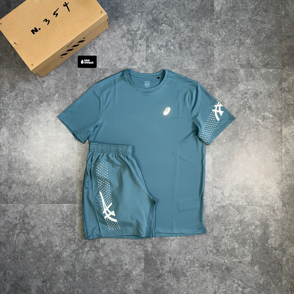 Asics Icon T-Shirt Foggy Teal & Teal Icon Shorts Set, asics set, dripuniqueuk