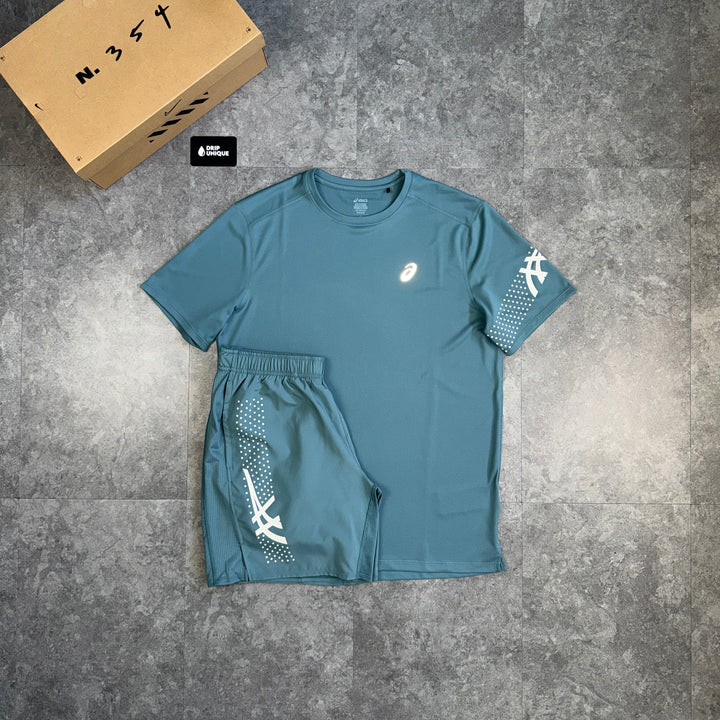Asics Icon T-Shirt Foggy Teal & Teal Icon Shorts Set, asics set, dripuniqueuk