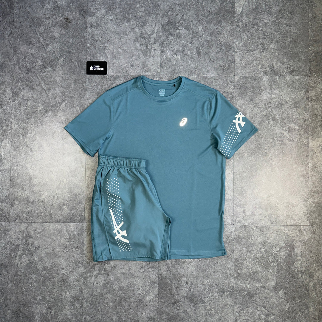 Asics Icon T-Shirt Foggy Teal & Teal Icon Shorts Set, icon set, dripuniqueuk