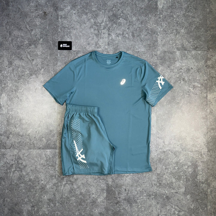 Asics Icon T-Shirt Foggy Teal & Teal Icon Shorts Set, icon set, dripuniqueuk