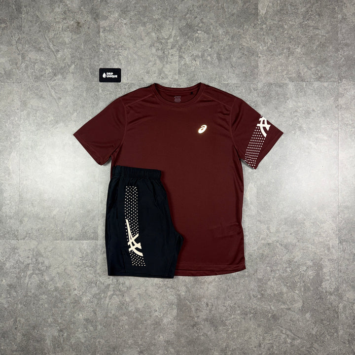 Asics Icon T-Shirt Maroon & Black Icon Shorts Set, asics icon set, dripuniqueuk