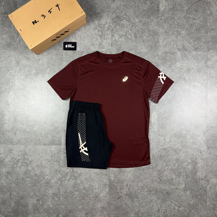 Asics Icon T-Shirt Maroon & Black Icon Shorts Set, asics set, dripuniqueuk