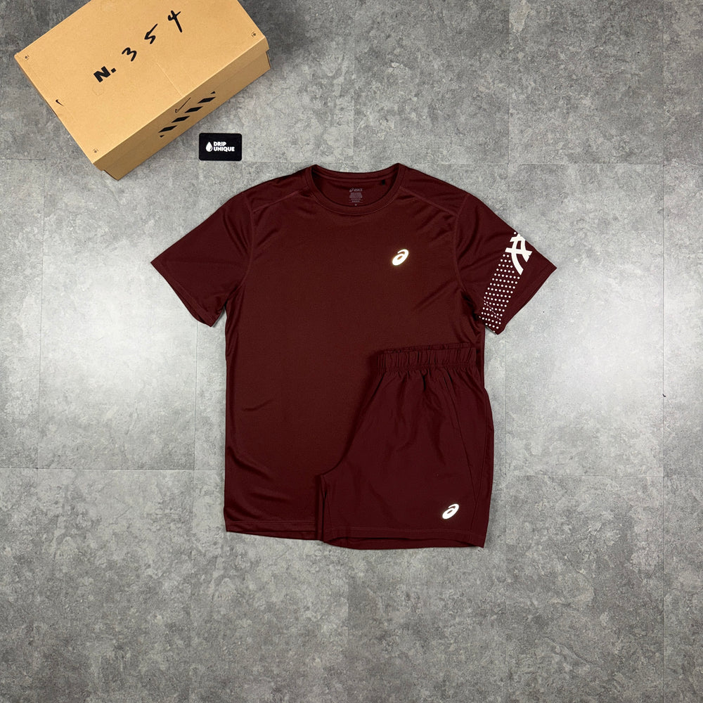 Asics Icon T-Shirt Maroon & Maroon Core Shorts Set, asics icon set, dripuniqueuk
