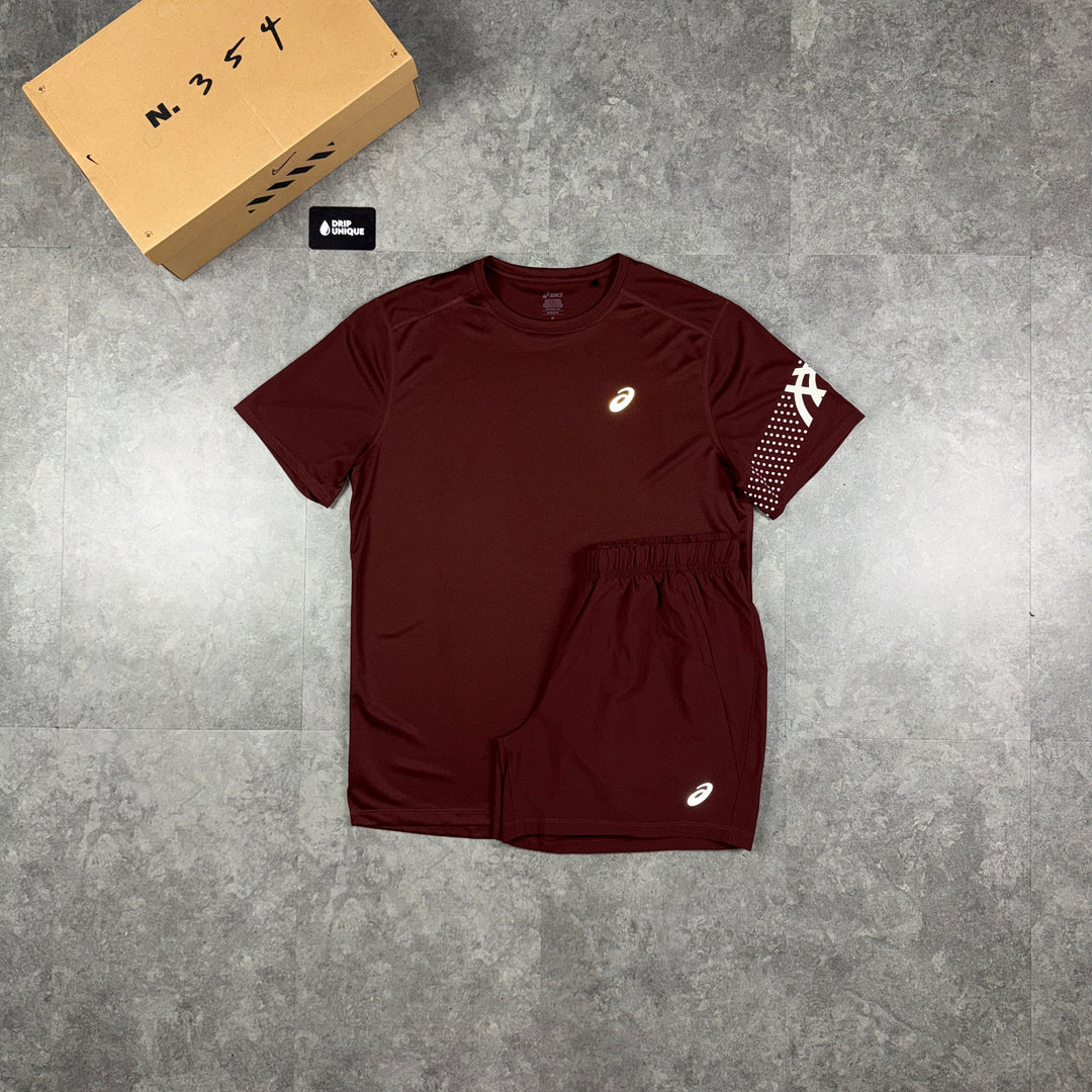 Asics Icon T-Shirt Maroon & Maroon Core Shorts Set, asics icon set, dripuniqueuk