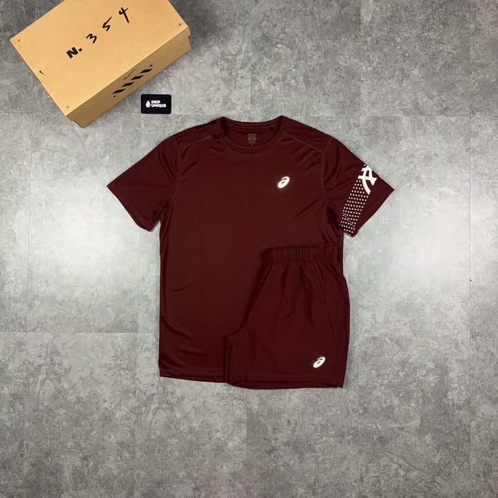 Asics Icon T-Shirt Maroon & Maroon Core Shorts Set, asics icon set, dripuniqueuk