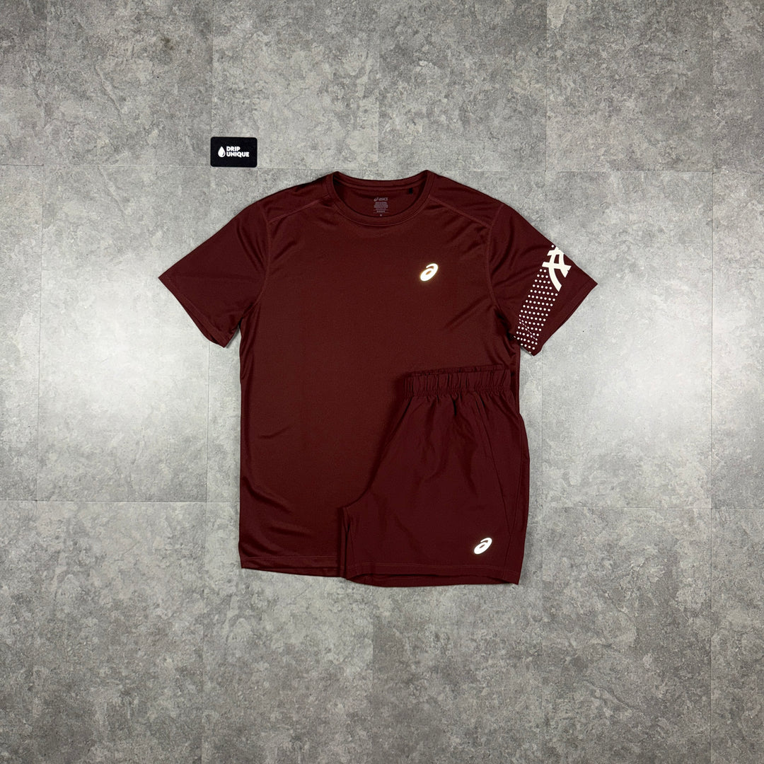 Asics Icon T-Shirt Maroon & Maroon Core Shorts Set, asics set, dripuniqueuk