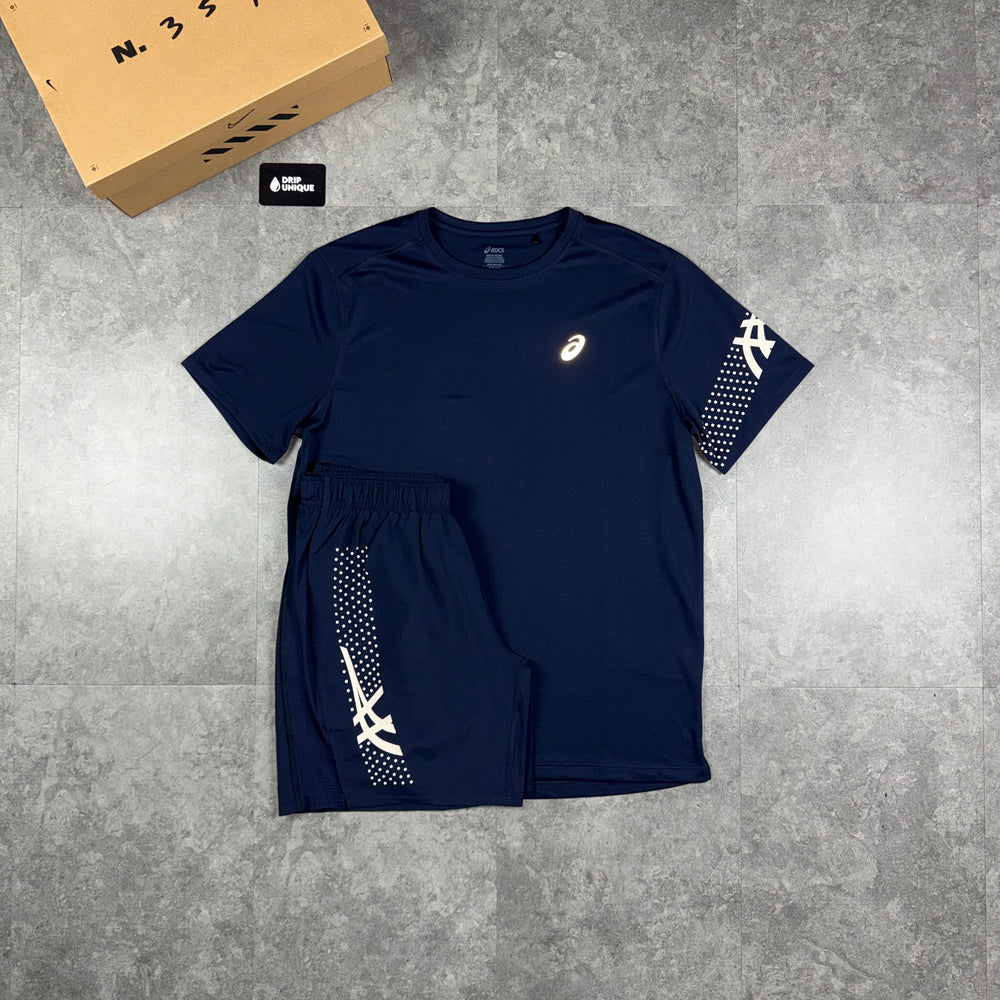 Asics Icon T-Shirt Navy & Navy Icon Shorts Set, asics sets, dripuniqueuk