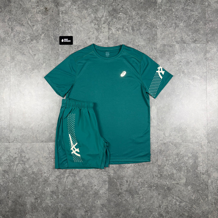 Asics Icon T-Shirt Rainy Lake & Rainy Lake Icon Shorts Set, asics sets, dripuniqueuk
