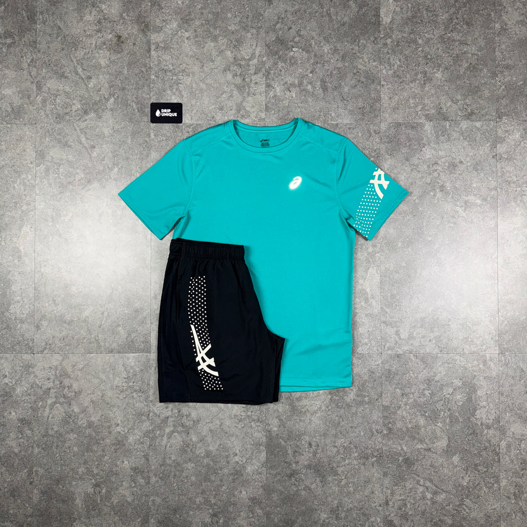 Asics Icon T-Shirt Teal & Black Icon Shorts Set, asics icon set, dripuniqueuk