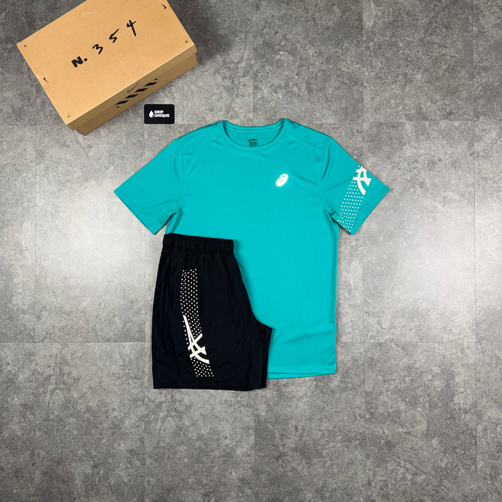 Asics Icon T-Shirt Teal & Black Icon Shorts Set, asics tshirt set, dripuniqueuk