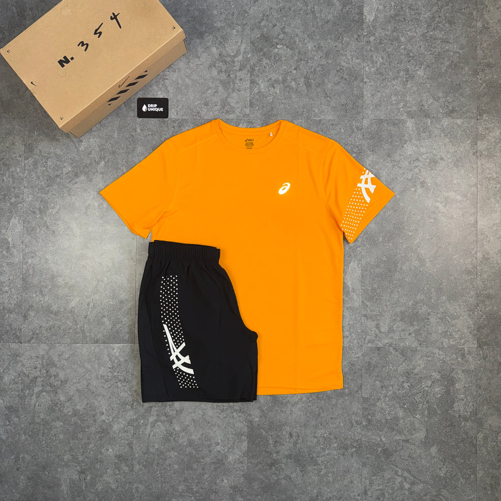 Asics Icon T-Shirt Yambuki Orange & Black Icon Shorts Set, asics icon set, dripuniqueuk