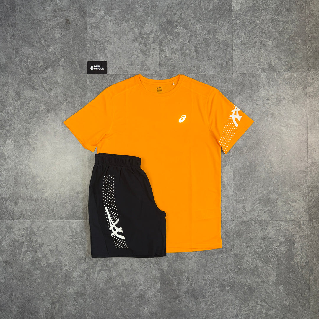 Asics Icon T-Shirt Yambuki Orange & Black Icon Shorts Set, asics set, dripuniqueuk