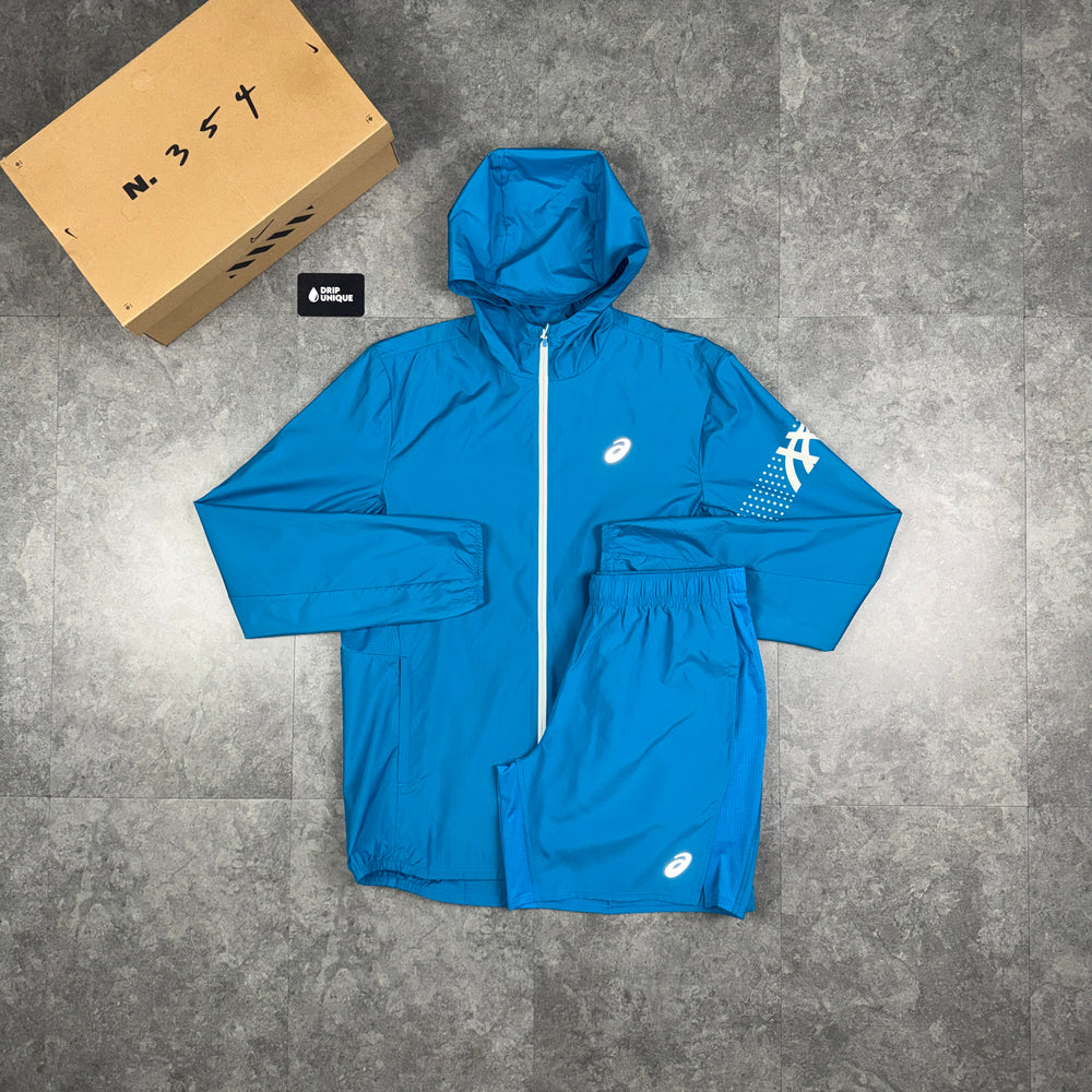 Asics Icon Windrunner Jacket Aegean Blue & Blue Core Shorts Set, asics icon set, dripuniqueuk