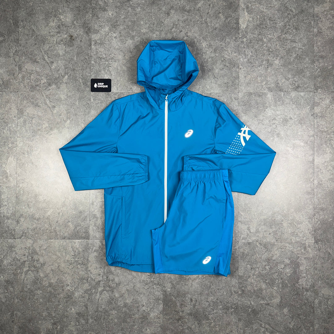 Asics Icon Windrunner Jacket Aegean Blue & Blue Core Shorts Set asics set, dripuniqueuk