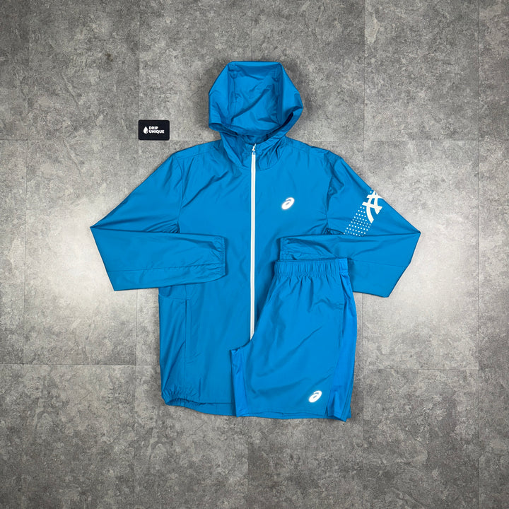 Asics Icon Windrunner Jacket Aegean Blue & Blue Core Shorts Set asics set, dripuniqueuk