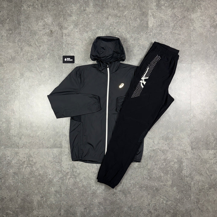 Asics Icon Windrunner Jacket Black & Black Icon Pants Set, asics icon windrunner set, dripuniqueuk