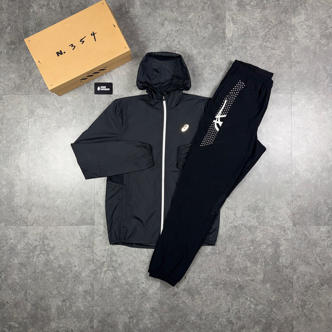 Asics Icon Windrunner Jacket Black & Black Icon Pants Set, asics icon set, dripuniqueuk