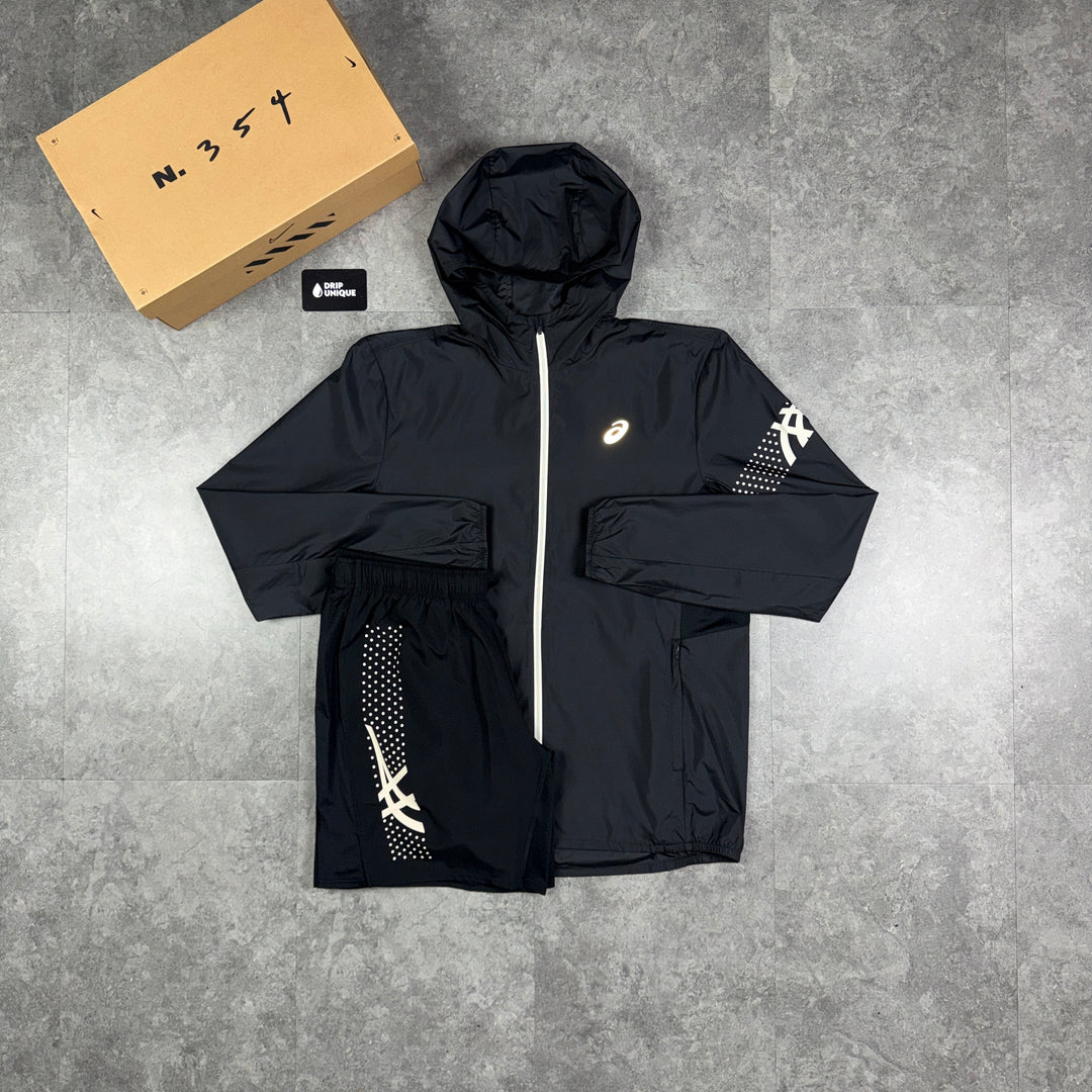 Asics Icon Windrunner Jacket Black & Black Icon Shorts Set, asics jacket set, dripuniqueuk