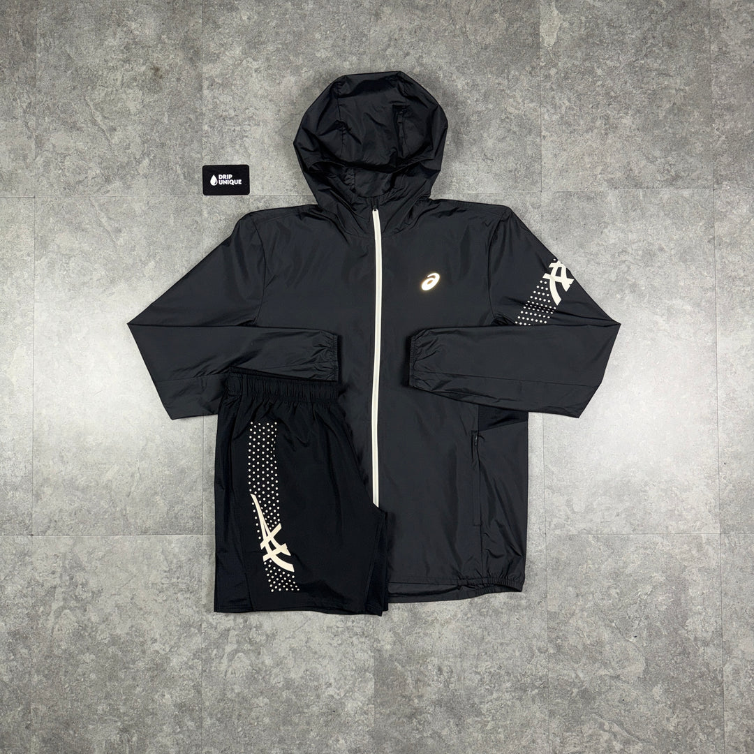 Asics Icon Windrunner Jacket Black & Black Icon Shorts Set, asics windrunner set, dripuniqueuk