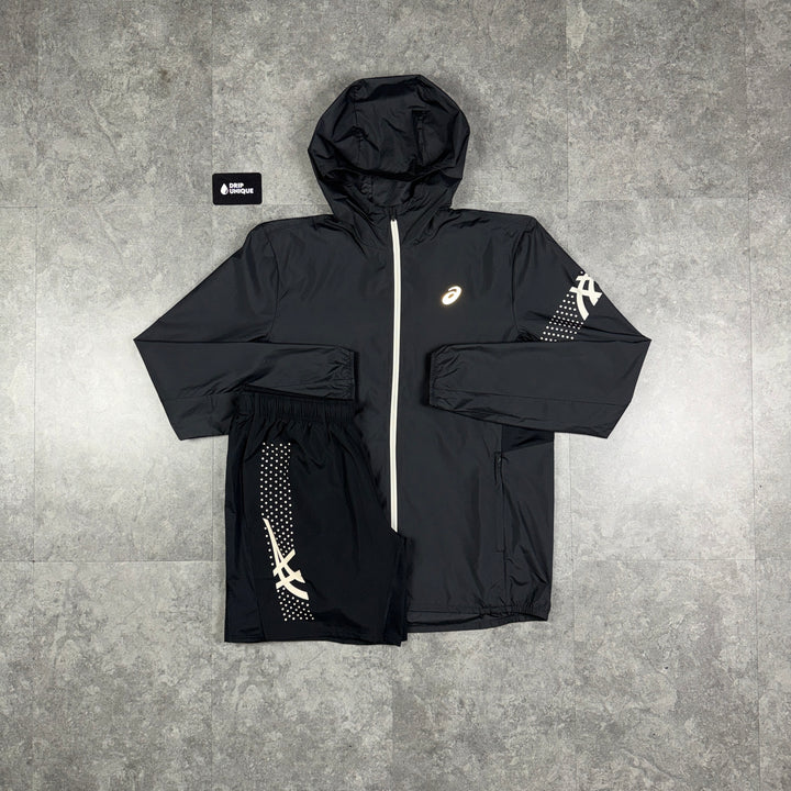Asics Icon Windrunner Jacket Black & Black Icon Shorts Set, asics windrunner set, dripuniqueuk