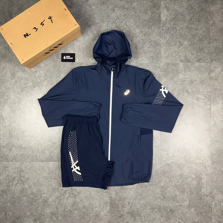 Asics Icon Windrunner Jacket Midnight Navy & Navy Icon Shorts Set, asics icon set, dripuniqueuk