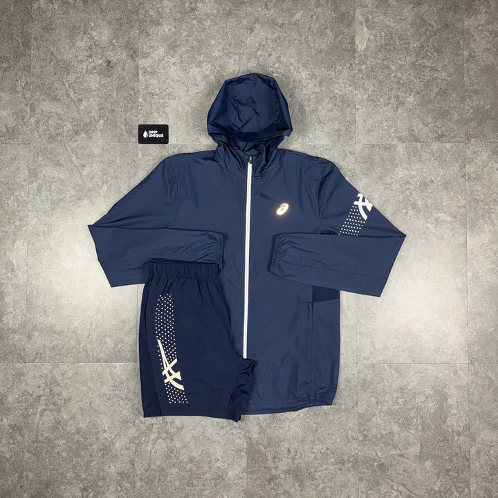Asics Icon Windrunner Jacket Midnight Navy & Navy Icon Shorts Set, asics set, dripuniqueuk