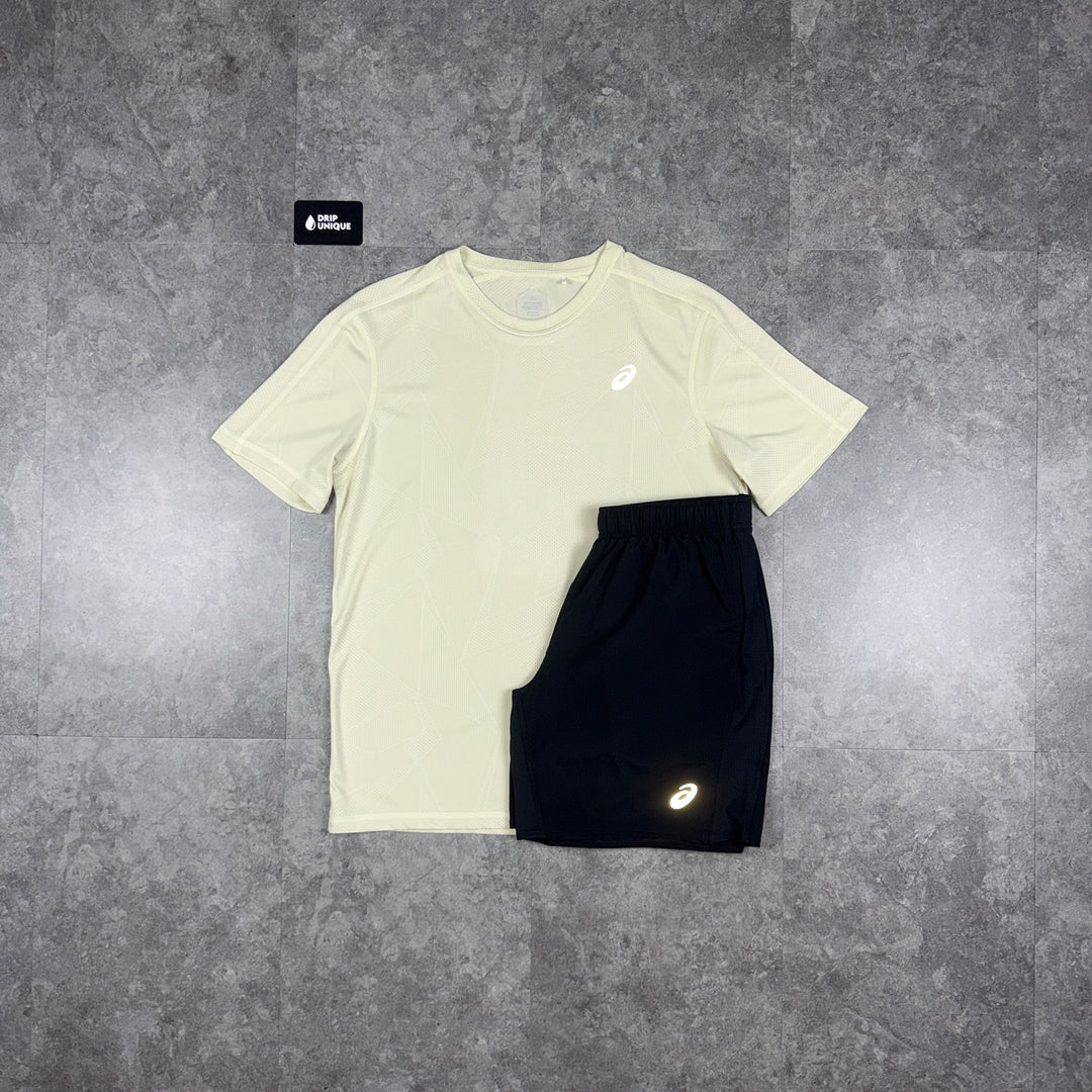 Asics Jacquard T-Shirt Beige & Black Core Shorts Set, asics set, dripuniqueuk