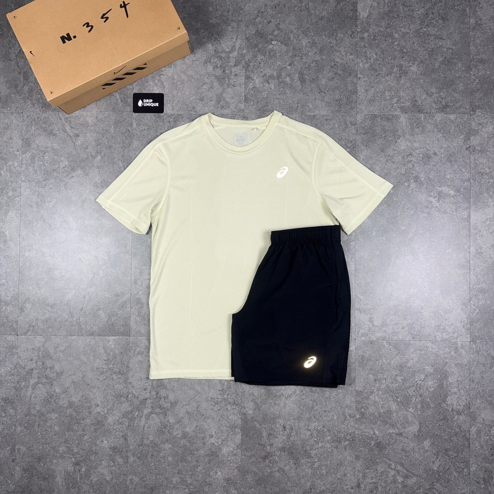 Asics Jacquard T-Shirt Beige & Black Core Shorts Set, asics tshirt set, dripuniqueuk