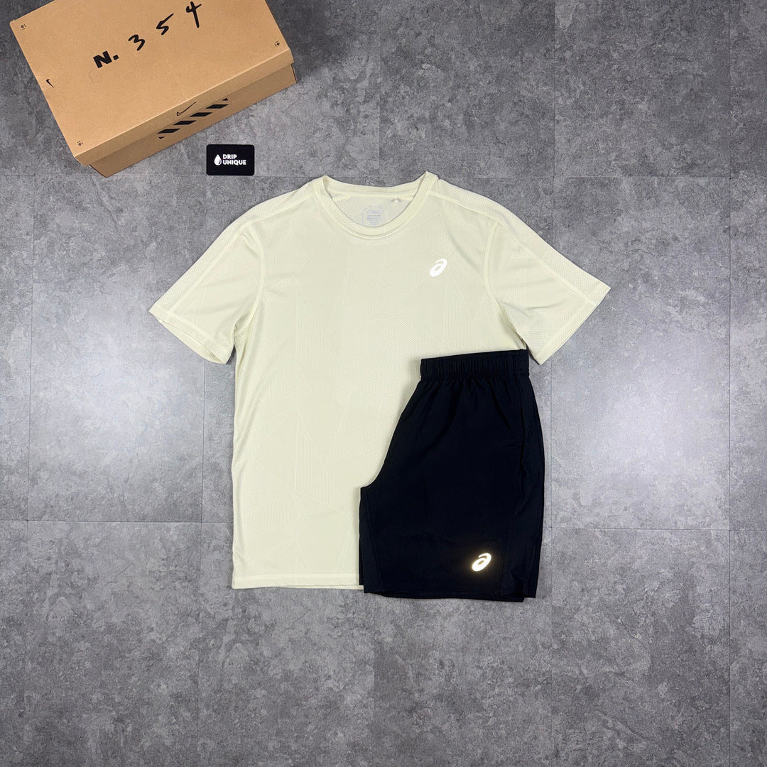 Asics Jacquard T-Shirt Beige & Black Core Shorts Set, asics tshirt set, dripuniqueuk