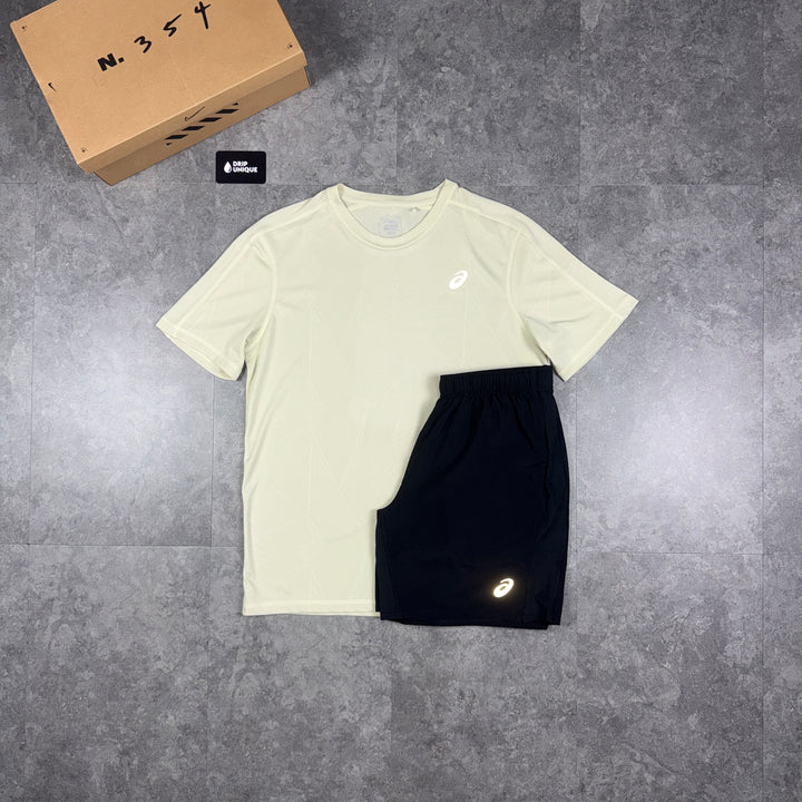 Asics Jacquard T-Shirt Beige & Black Core Shorts Set, asics tshirt set, dripuniqueuk