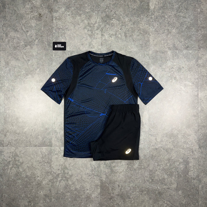 Asics Road All Over Print T-Shirt Blue & Black Core Shorts Set, asics set, dripuniqueuk