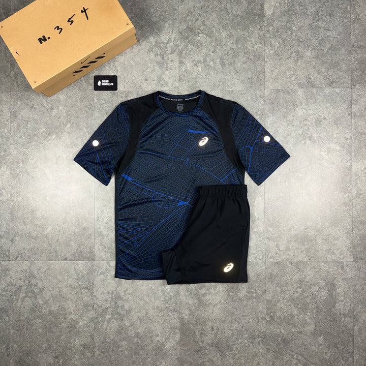 Asics Road All Over Print T-Shirt Blue & Black Core Shorts Set, asics tshirt set, dripuniqueuk