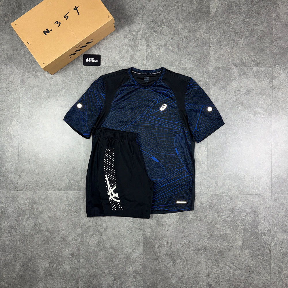 Asics Road All Over Print T-Shirt Blue & Black Icon Shorts Set, asics road set, dripuniqueuk
