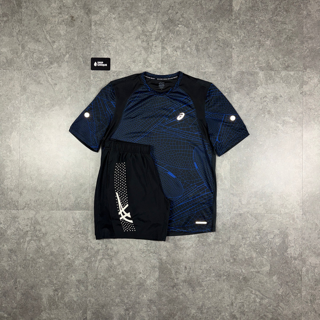 Asics Road All Over Print T-Shirt Blue & Black Icon Shorts Set, asics set, dripuniqueuk