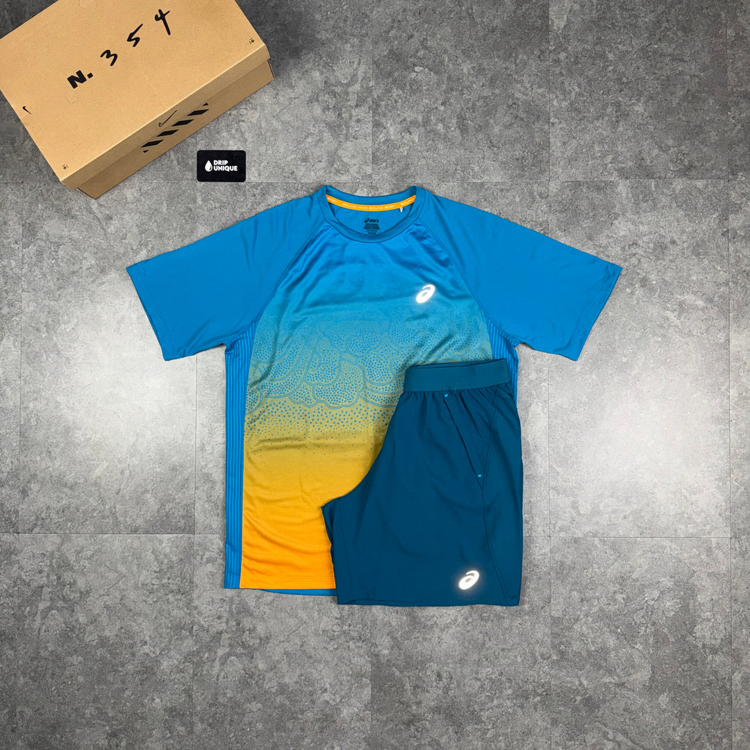 Asics Road Fade T-Shirt Dark Teal / Yamabuki Orange & Teal Road Shorts Set, asics road set, dripuniqueuk