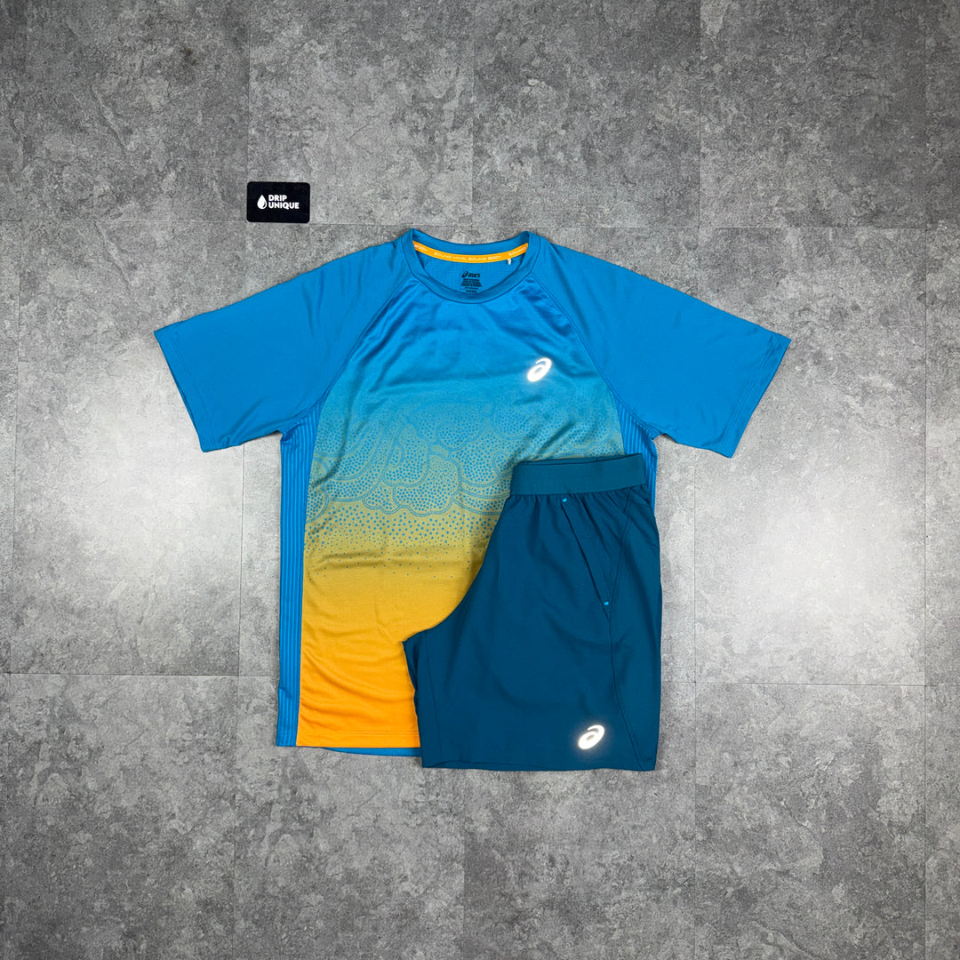 Asics Road Fade T-Shirt Dark Teal / Yamabuki Orange & Teal Road Shorts Set, asics set, dripuniqueuk