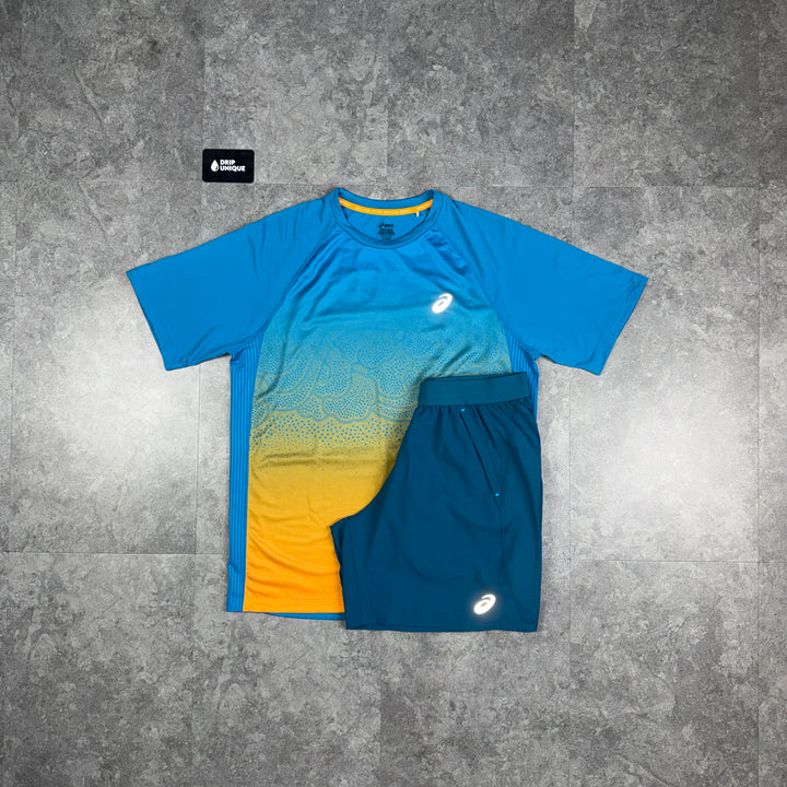 Asics Road Fade T-Shirt Dark Teal / Yamabuki Orange & Teal Road Shorts Set, asics set, dripuniqueuk
