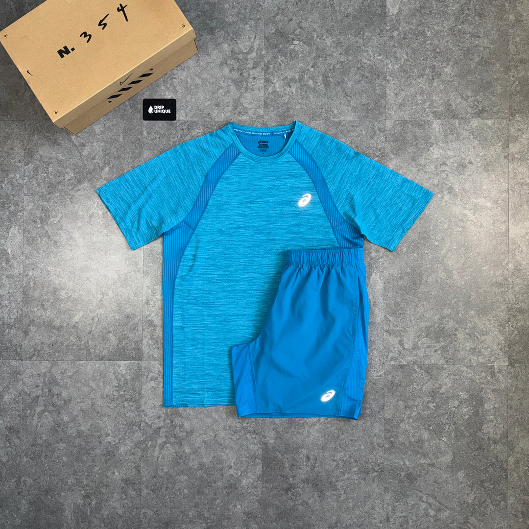 Asics Road T-Shirt Aegean Blue & Blue Core Shorts Set, asics road set, dripuniqueuk