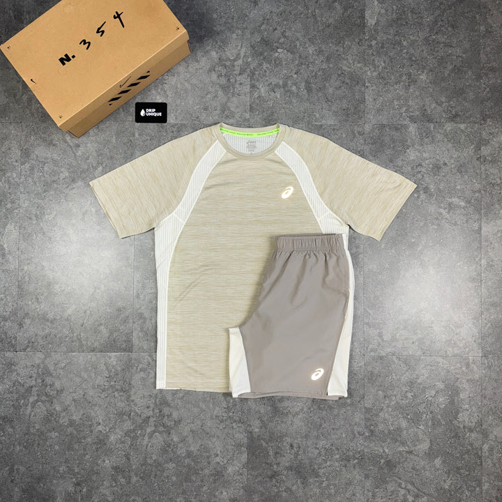 Asics Road T-Shirt Beige & Beige Core Shorts Set, asics road set, dripuniqueuk