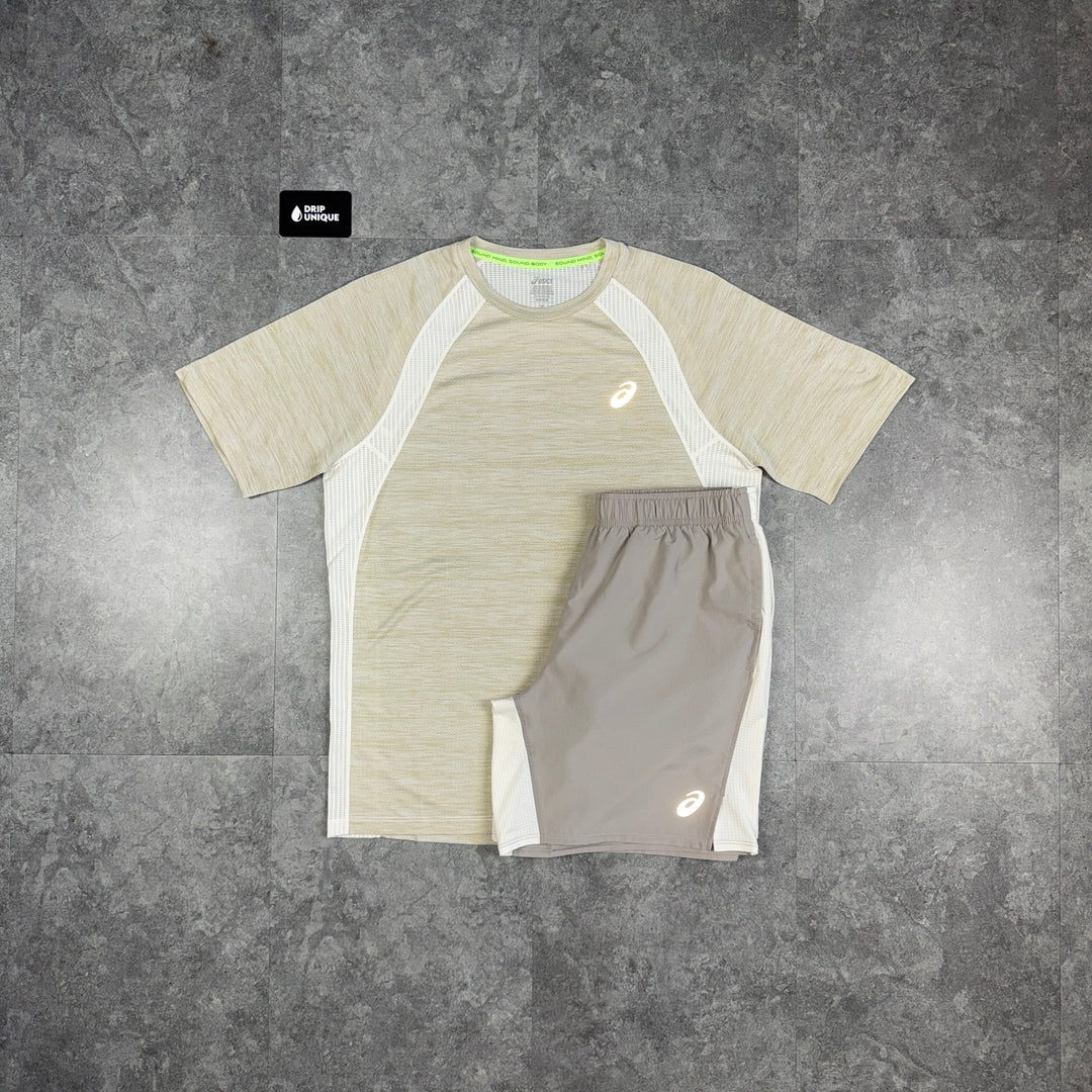 Asics Road T-Shirt Beige & Beige Core Shorts Set, asics set, dripuniqueuk